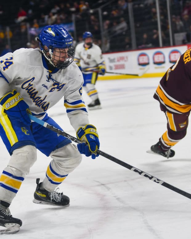 St. Cloud Cathedral boys hockey junior Joey Gillespie plays March 6 in the 2024 Class 1A state tournament against Northfield at the Xcel Energy Center in St. Paul.